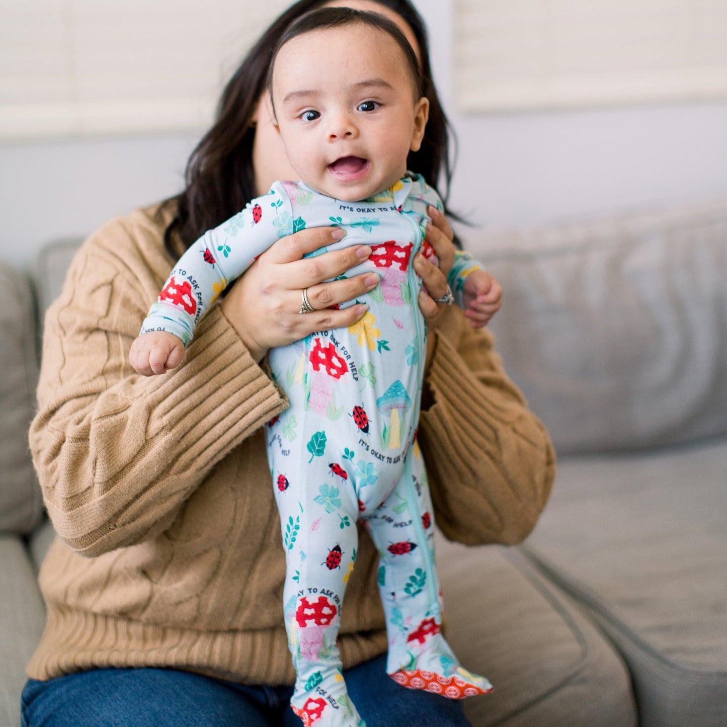 Magic Mushroom | Bamboo Footie Onesie Sleeper | "It's Okay to Ask for Help" | Thermo-Regulating, Double Zipper, 4-Way Stretch