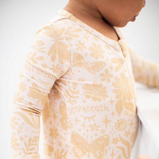 Om Baby Beige | Bamboo Footless Onesie Romper | "Deep Breath" | Thermo-Regulating, Double Zipper, 4-Way Stretch