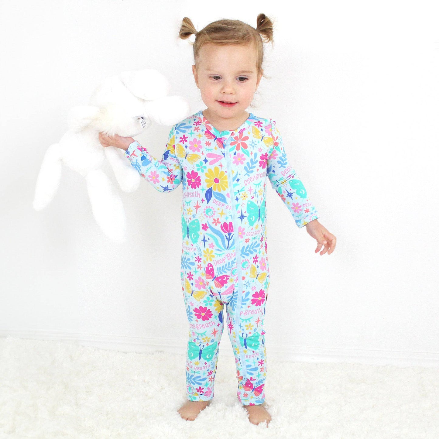 Om Baby | Bamboo Footless Onesie Romper | "Deep Breath" | Thermo-Regulating, Double Zipper, 4-Way Stretch