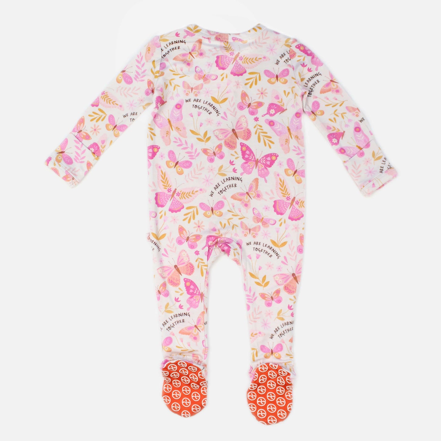 Butterfly Smoochies | Bamboo Footie Onesie Sleeper | "We're Learning Together" | Thermo-Regulating, Double Zipper, 4-Way Stretch
