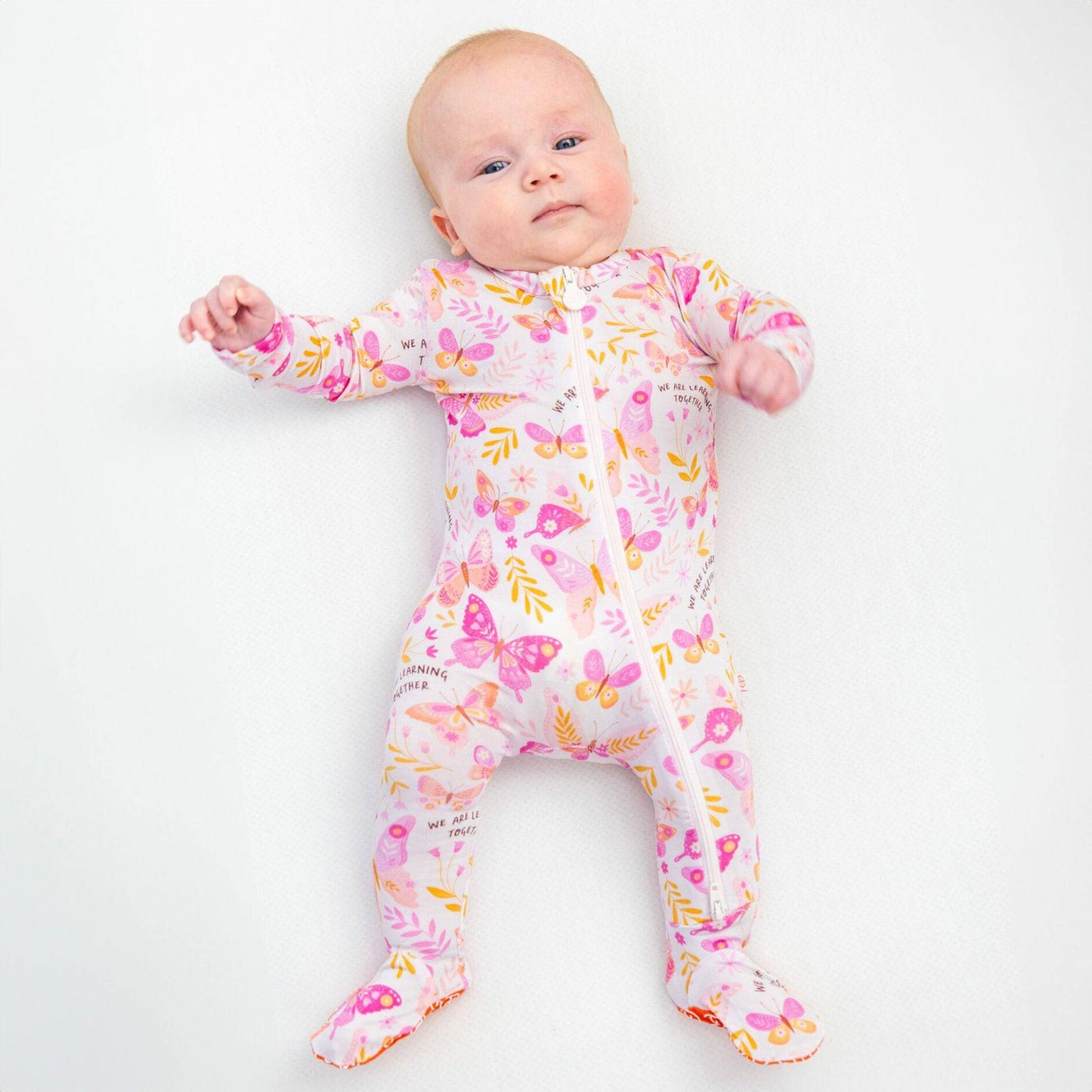 Butterfly Smoochies | Bamboo Footie Onesie Sleeper | "We're Learning Together" | Thermo-Regulating, Double Zipper, 4-Way Stretch
